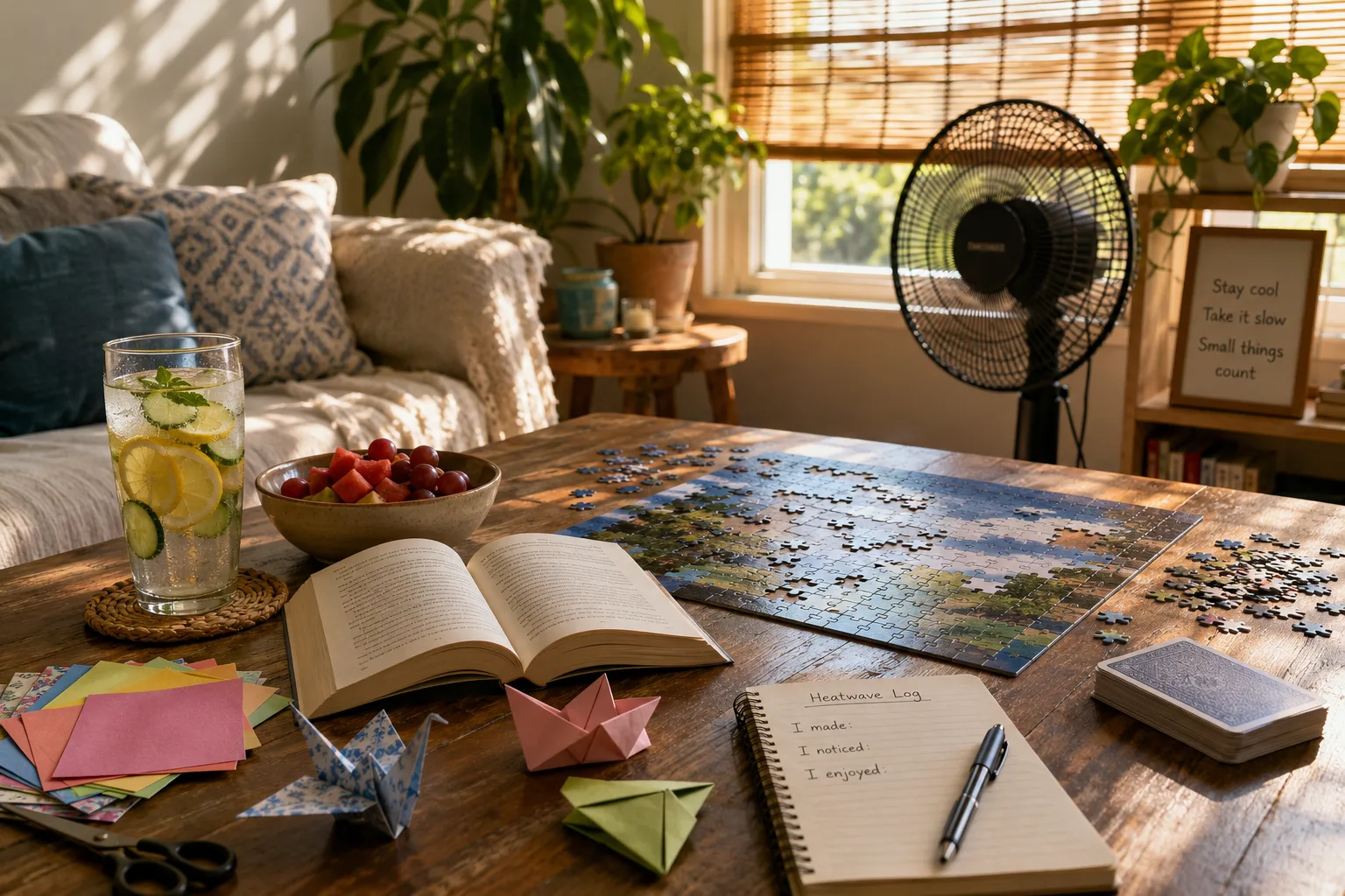 Puzzle, origami, cold drink, book, and paper craft materials arranged in a shaded room during a summer heatwave.