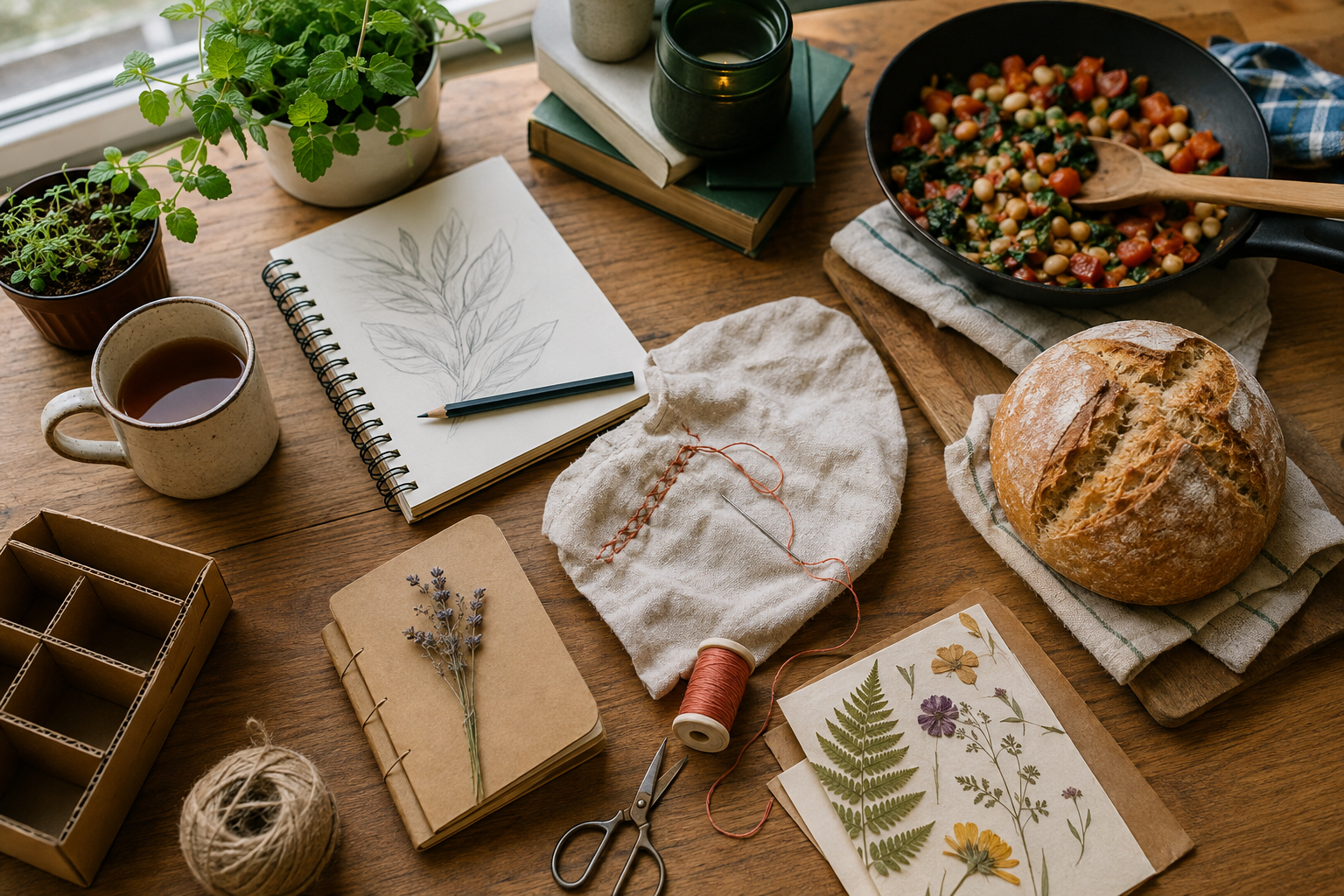Homemade bread, potted herbs, a sketchbook, sewing supplies, pressed flowers, and cooking ingredients arranged on a wooden table for low-cost hobbies.