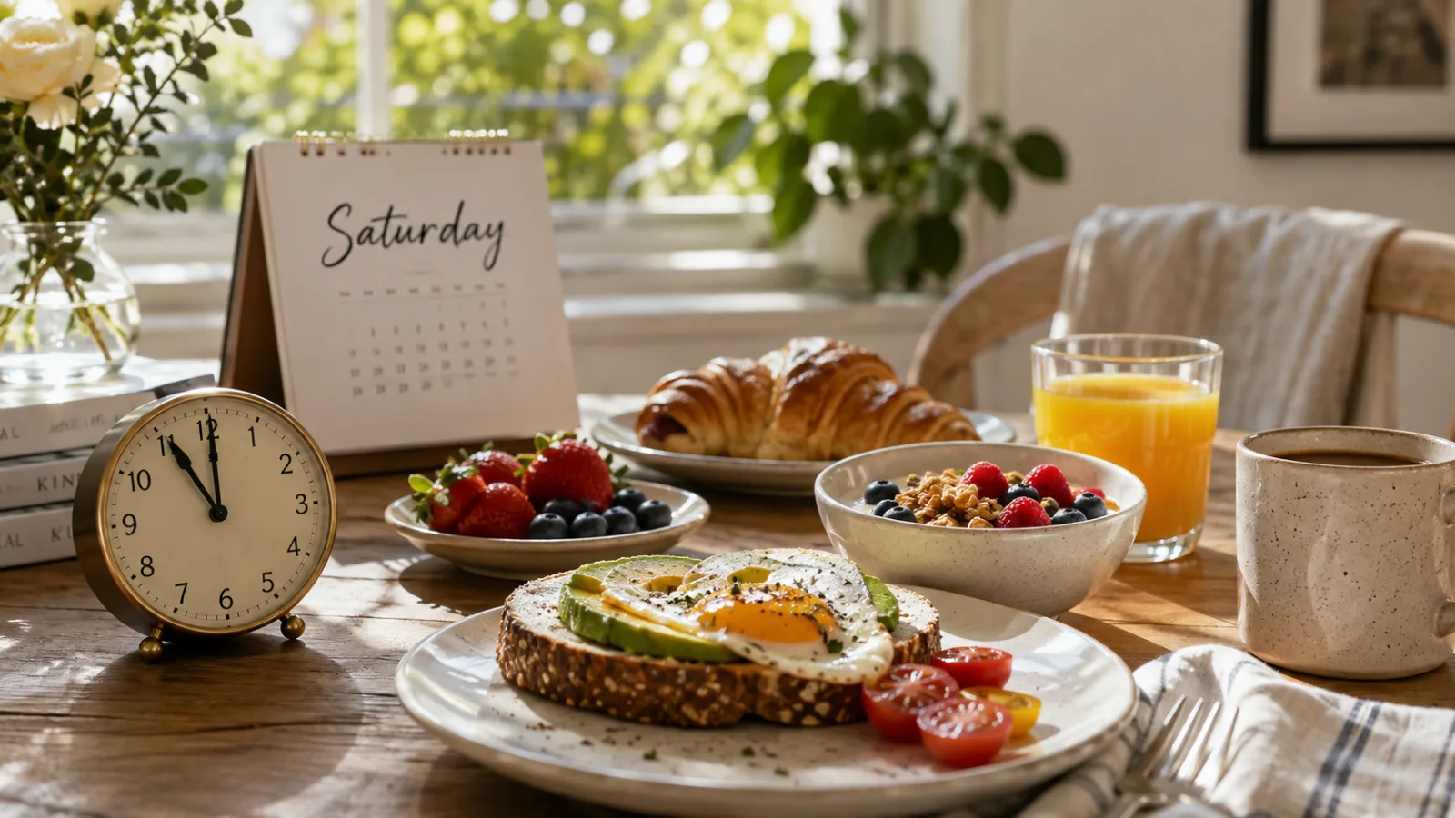 Sunlit Saturday breakfast table with avocado toast, fruit, granola, croissants, orange juice, coffee, a desk clock showing 11:00, and a calendar in the background marked Saturday.