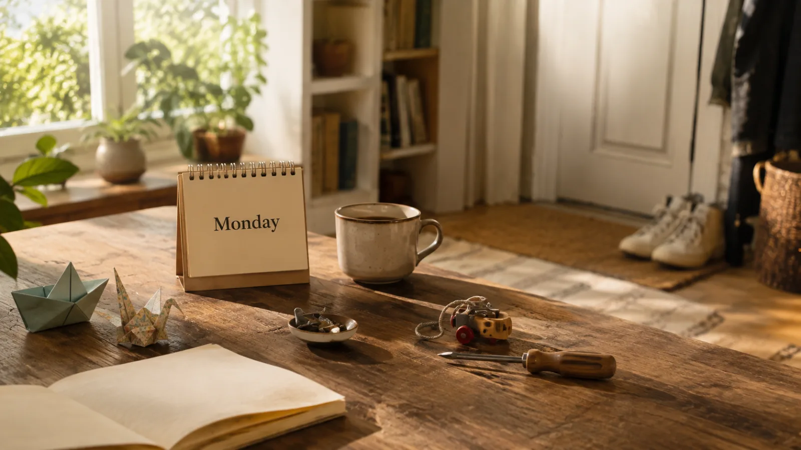 Table with a Monday calendar, origami figures, an open book, a warm drink, small repair tools, and walking shoes in a sunlit home.
