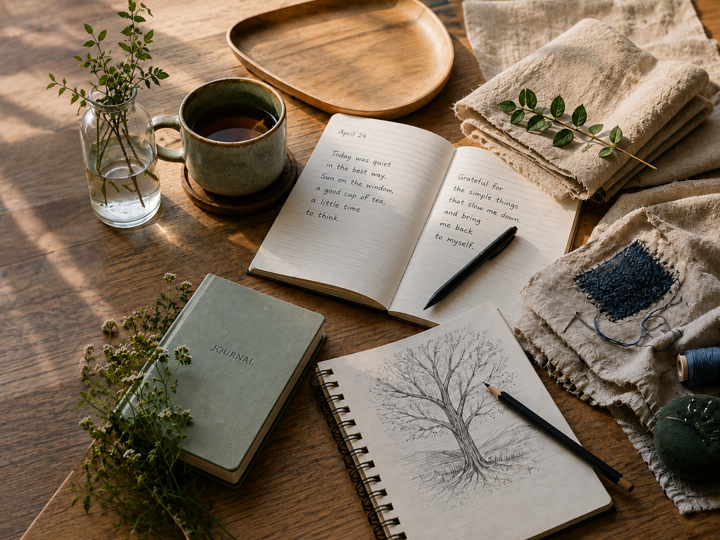 Open journal with handwritten reflections, a cup of tea, sketchbook, mending materials, plants, and folded fabric on a sunlit wooden table.