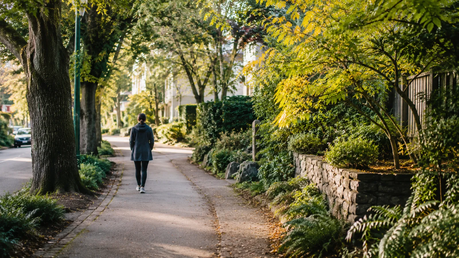 Person walking alone without headphones along a quiet, tree-lined path during a mindful walk.