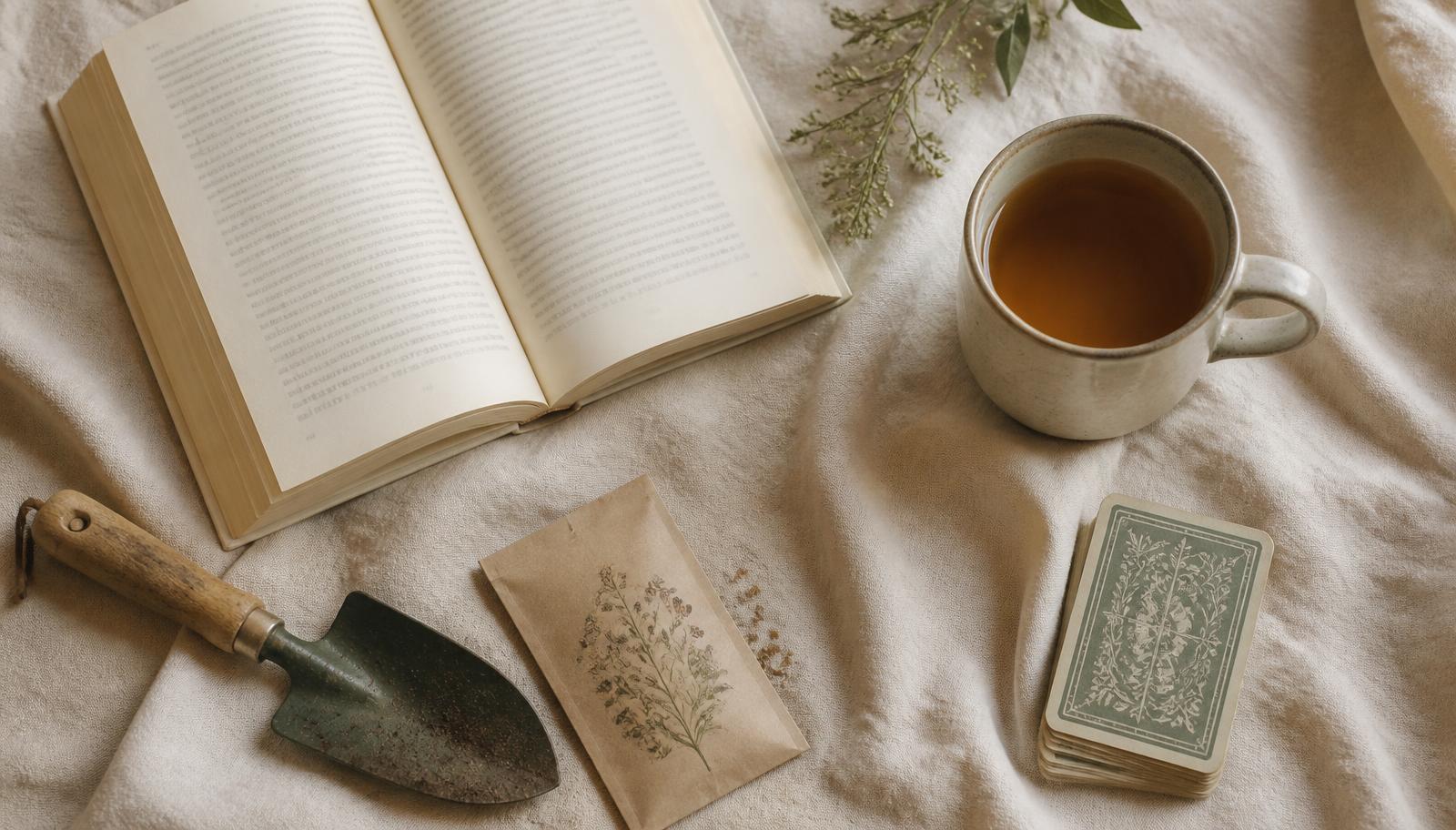 Book, gardening tools, playing cards and a mug arranged for phone-free activities