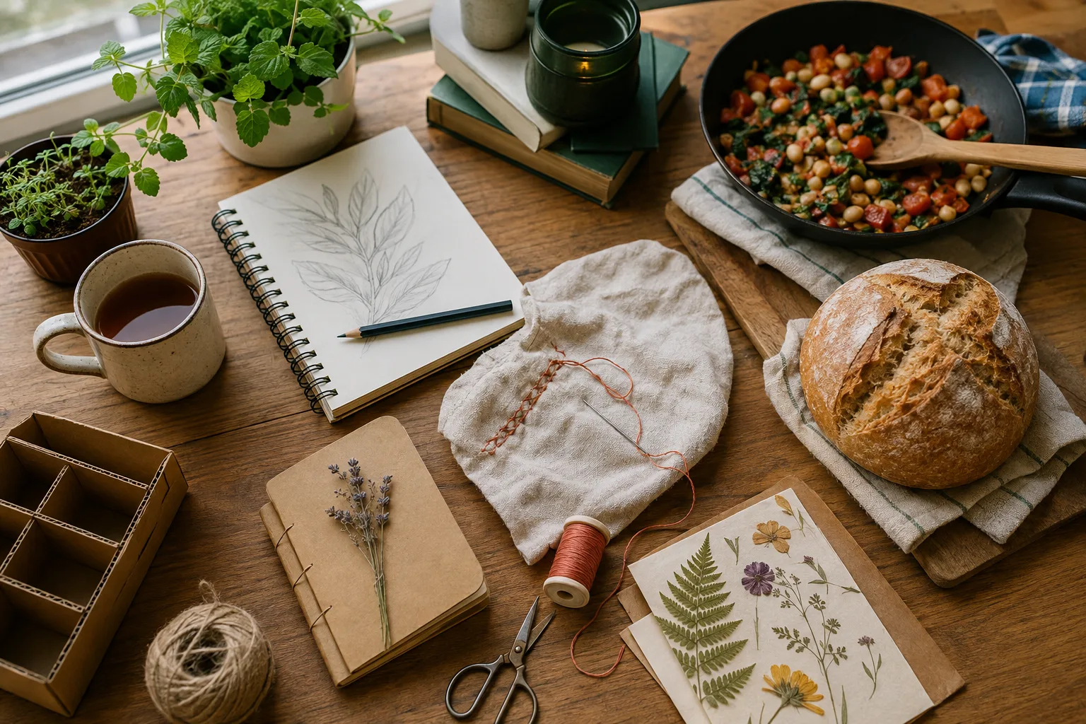 Homemade bread, potted herbs, a sketchbook, sewing supplies, pressed flowers, and cooking ingredients arranged on a wooden table for low-cost hobbies.