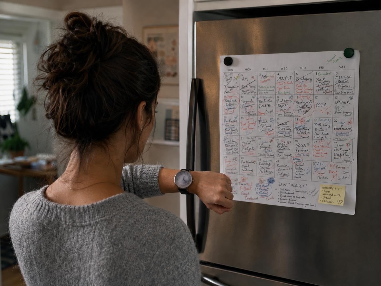 Woman looking at a busy paper calendar on the fridge while checking a watch with blurred spinning hands, symbolizing how quickly time passes.