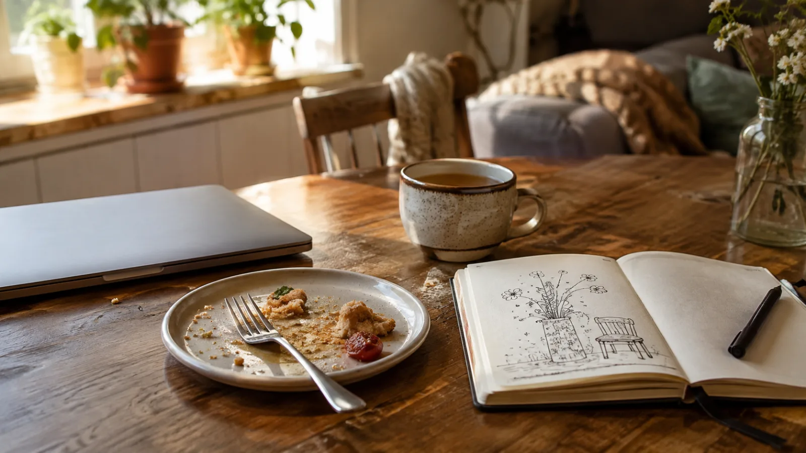 Closed laptop beside a plate with food leftovers, a warm cup of tea, and an open notebook with a hand-drawn doodle in a sunlit home.