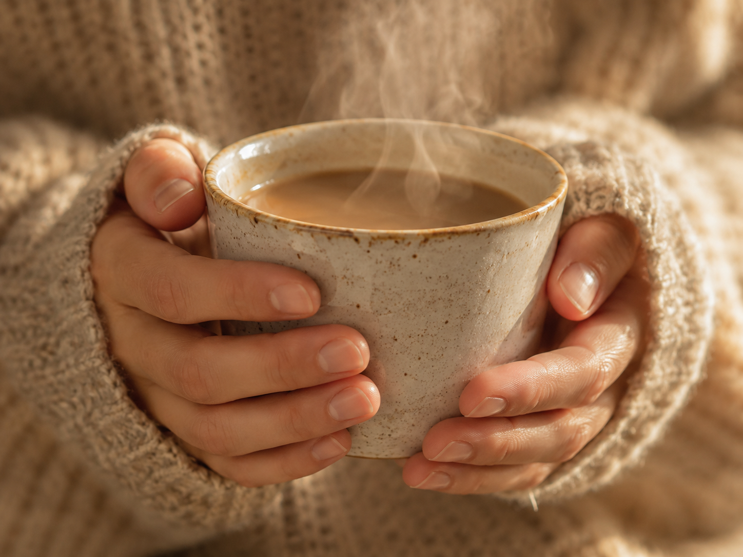 Two hands wrapped in a cozy knit sweater holding a steaming cup of warm tea.