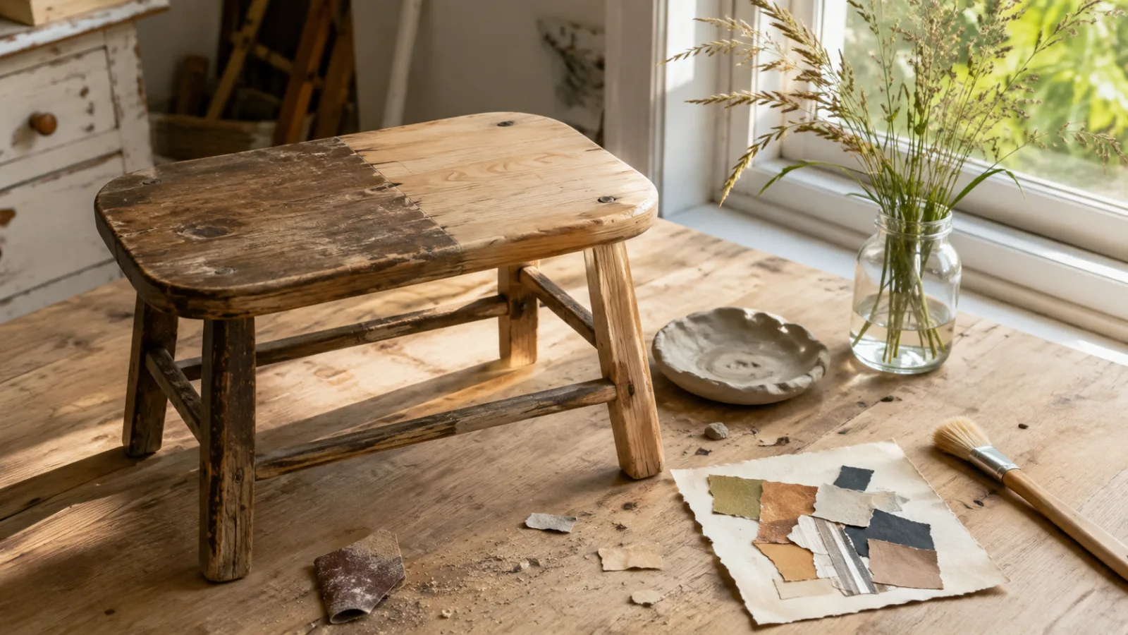 Partly restored wooden stool beside a handmade clay dish, paper collage, wild grasses, sandpaper, and craft tools in a sunlit home workshop.