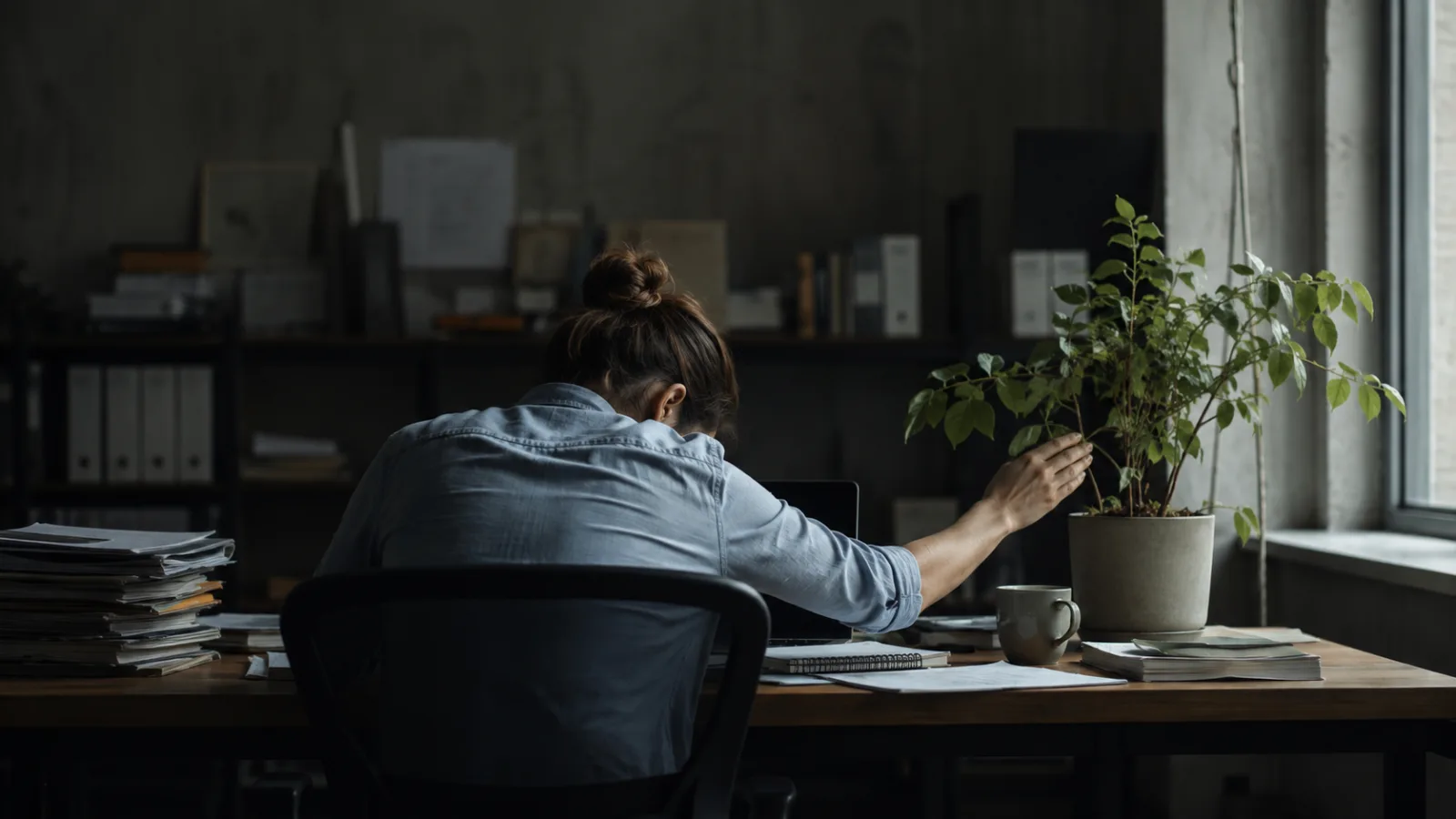 Tired office worker seen from behind at a desk reaching toward a plant, illustrating toxic productivity and burnout at work.