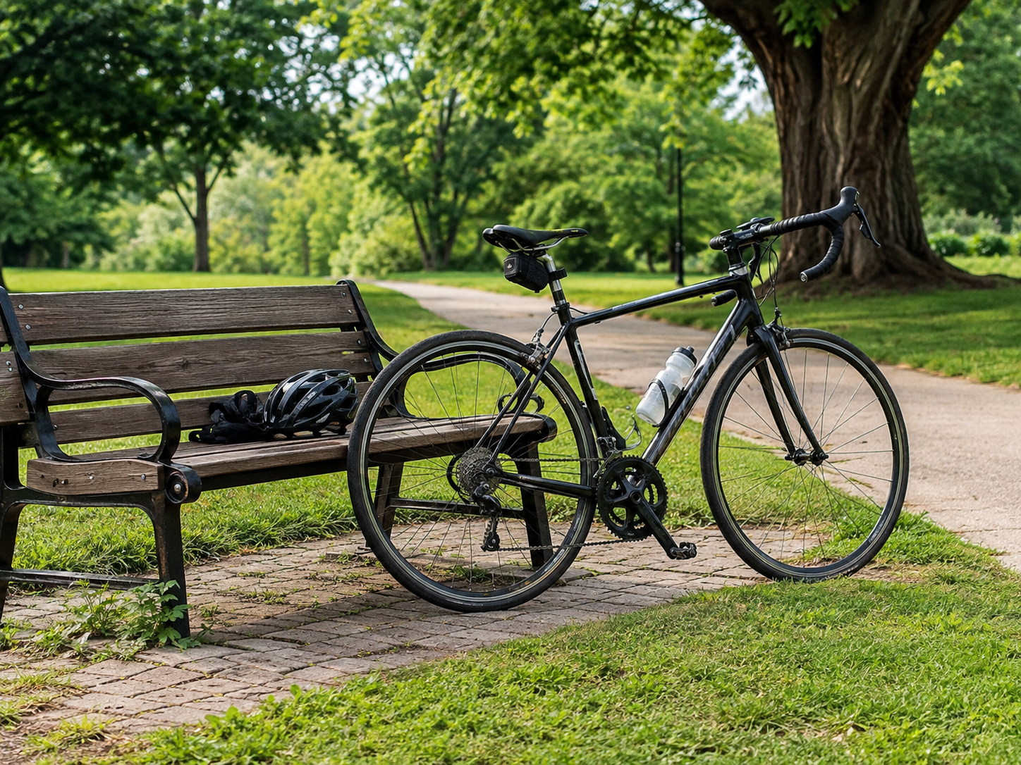 Black bicycle leaning against a wooden park bench, with a helmet and gloves on the seat beside a tree-lined path.