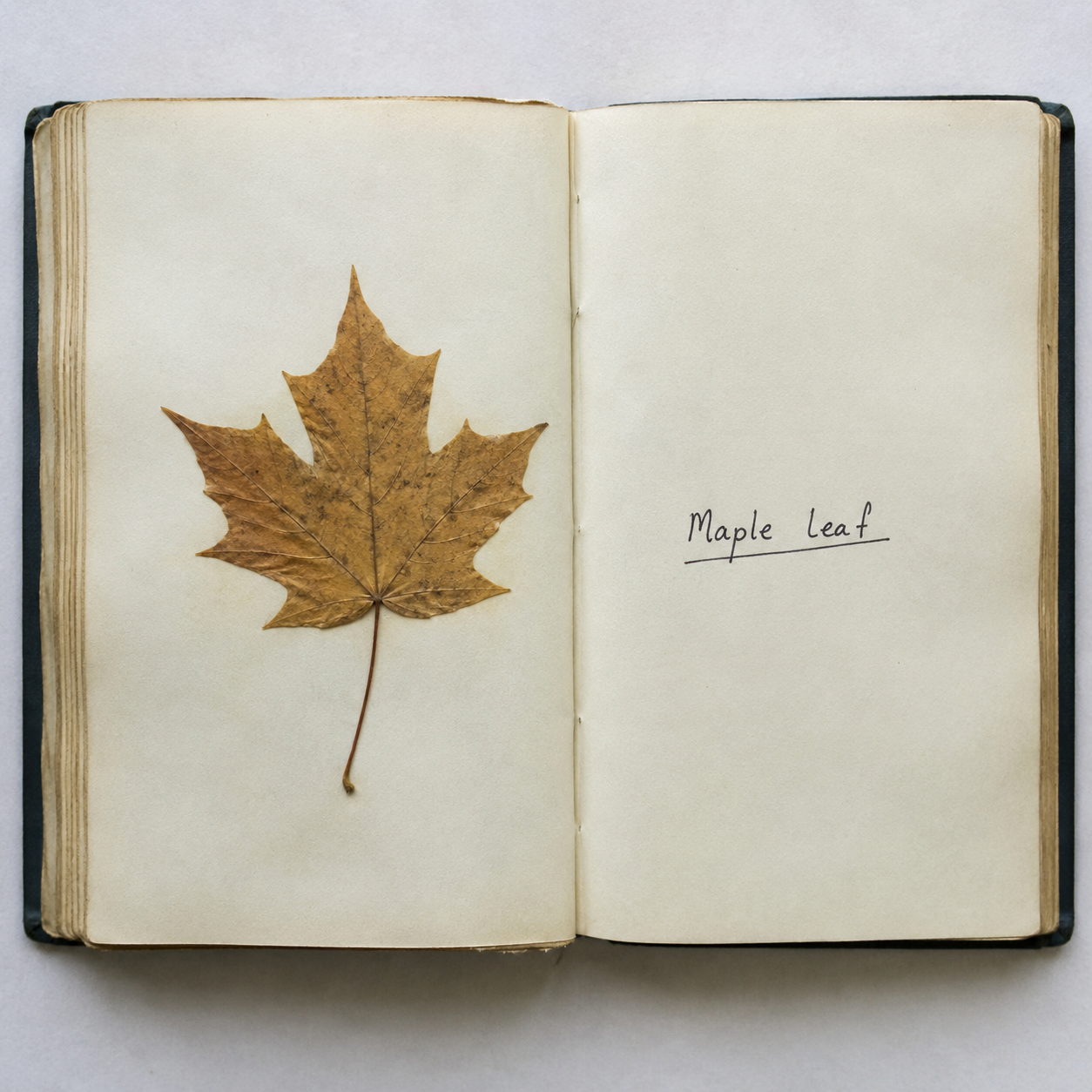 Open book with a dried maple leaf pressed onto one page and its plant name handwritten on the opposite page.