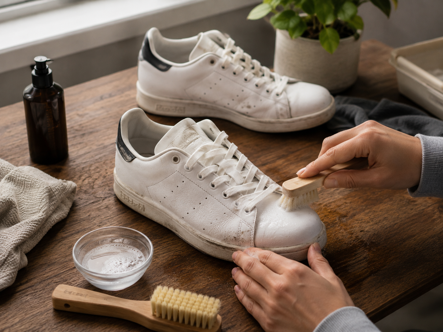 Hands cleaning a pair of white trainers with a small brush, soapy water, and a cloth on a wooden table.