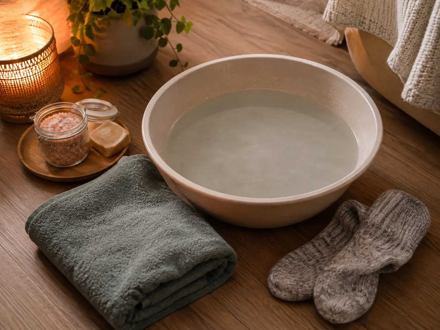 Warm foot soak setup with a bowl of water, folded towel, cosy socks, bath salts and soap on a wooden floor.