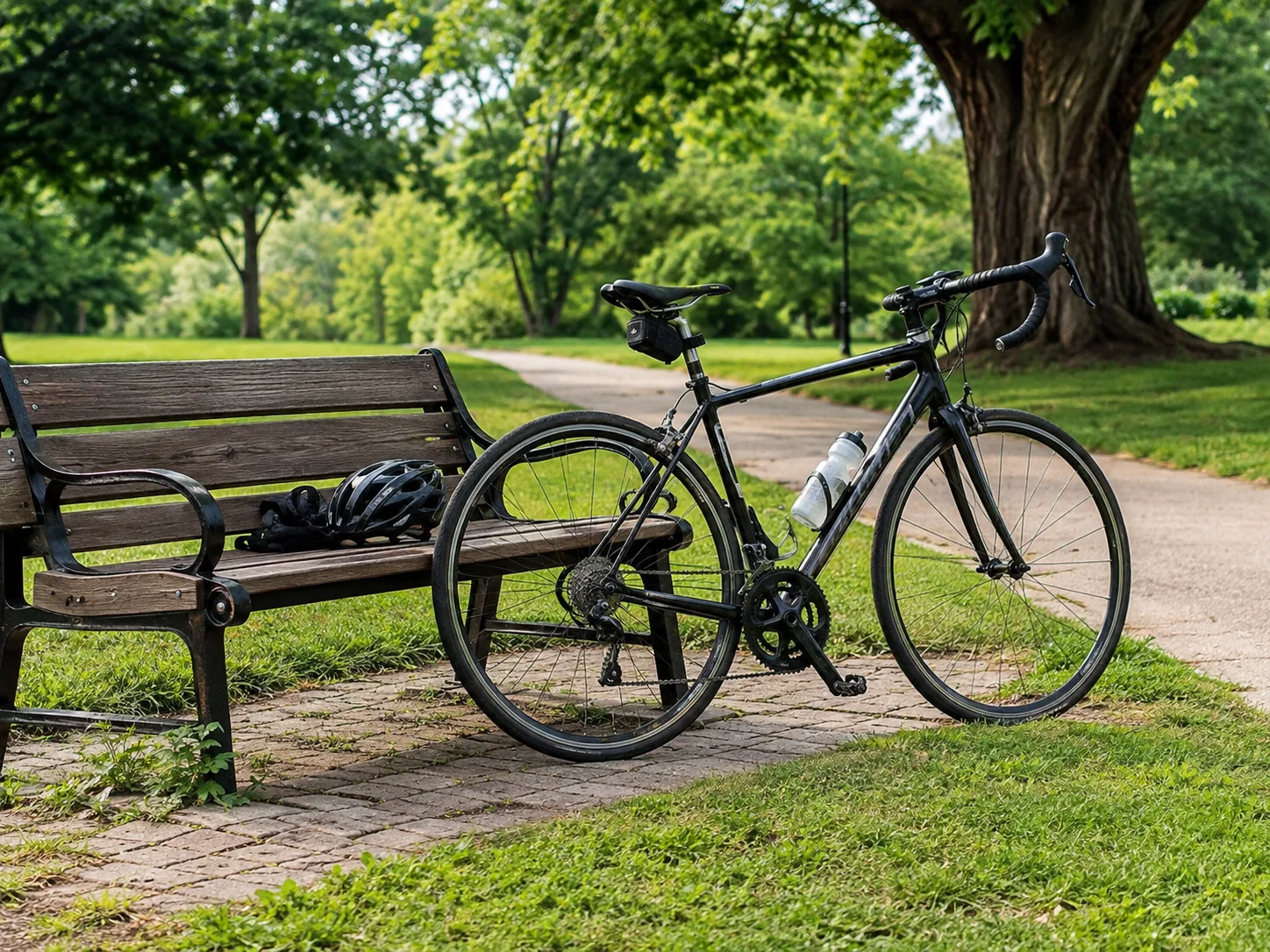 Black bicycle leaning against a wooden park bench, with a helmet and gloves on the seat beside a tree-lined path.