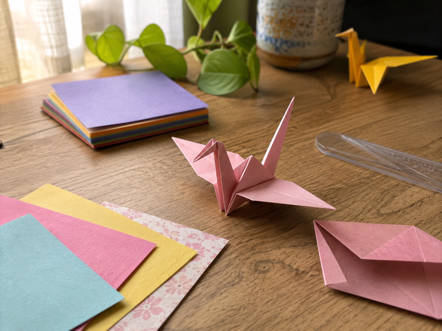 Pink origami crane on a wooden table surrounded by colourful paper sheets, a ruler, and another folded paper figure.