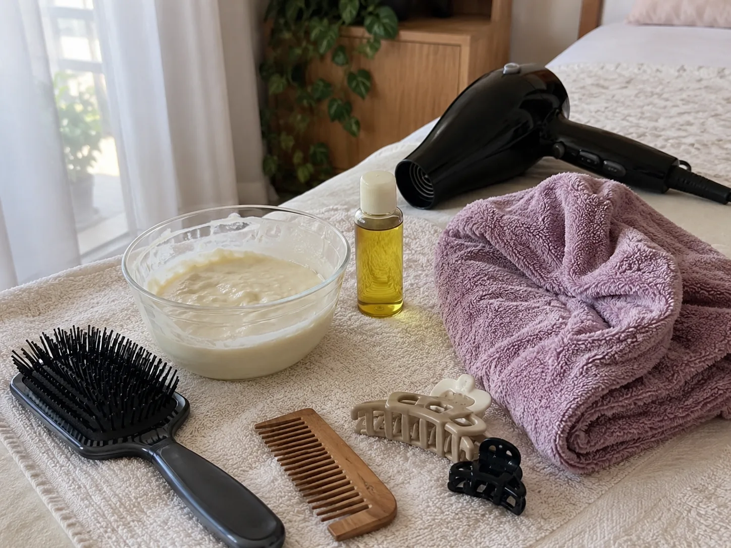 Home hair spa setup with a hair mask, oil, towel, hairbrush, comb, clips and hairdryer arranged on a bed.
