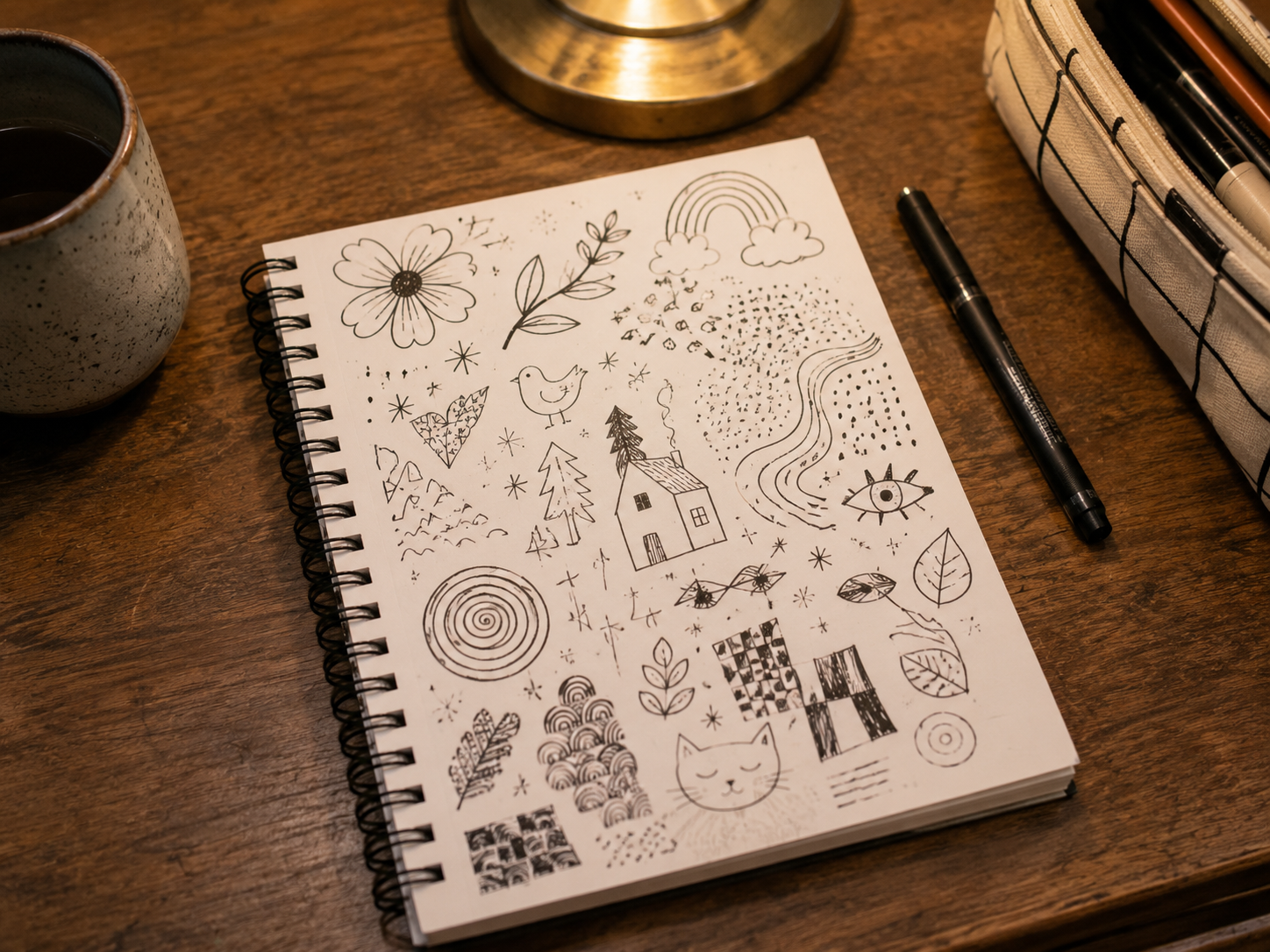 Open sketchbook filled with playful black-ink doodles beside a pen, pencil case, lamp, and mug on a wooden desk.